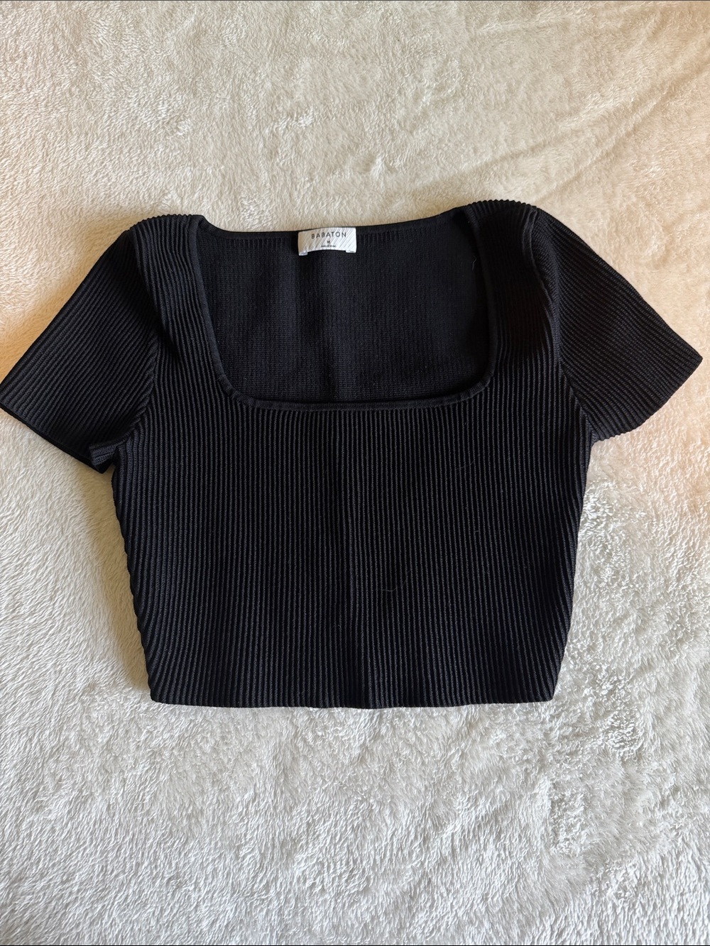 Aritzia Babaton Sculpt Knit Squareneck Short Sleeve Crop Top Black Size M